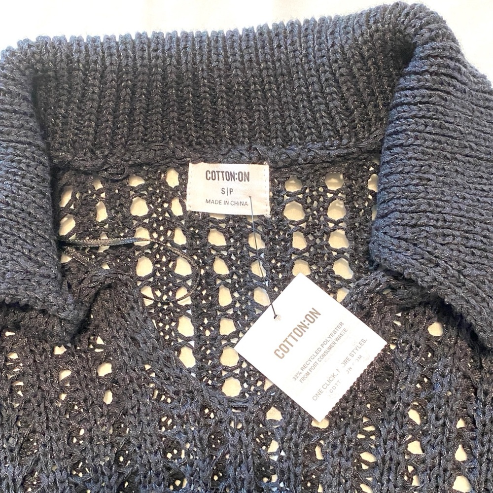 Cotton On NWT Open Knit Crochet Top Black Collared V Neck Size S